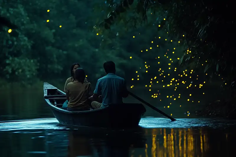 Tourists on a boat watching fireflies illuminate the mangrove trees in Kuala Selangor at dusk.